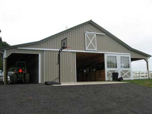 36'x48' Stall Barn with 2-10'x48' Lean-to Sheds Rear view